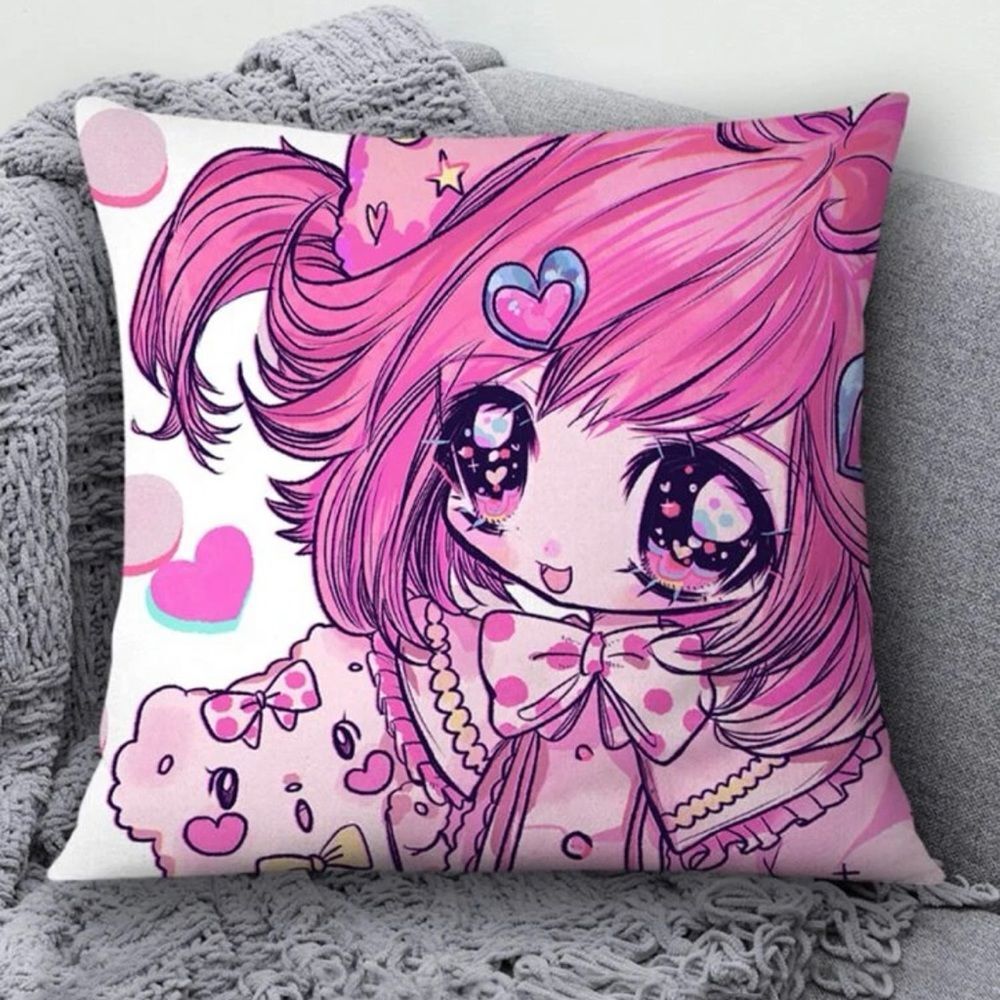 Anime 2K Animecore Girl with Pink Hair Pillow Cover